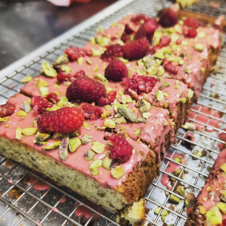Raspberry pistachio cake from Rise by Dawn Bakeshop